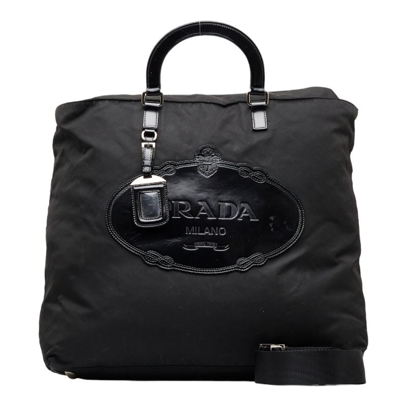 プラダ ロゴ型押し ハンドバッグ ショルダーバッグ 2WAY ブラック ナイロン レザー レディース PRADA 【中古】_画像1