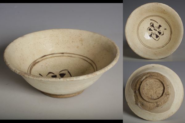 N25949 中国陶器 磁州窯花文碗 小碗 茶道具 検:磁州窯 古陶器 中国 古玩 唐物