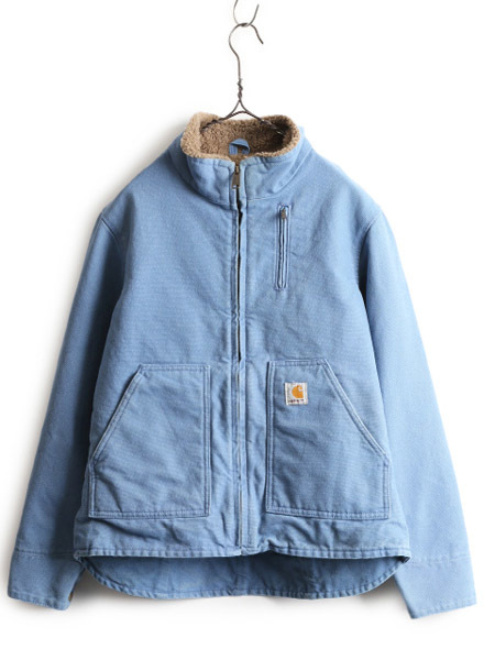 US企画 カーハート 裏 ボア ダック ジャケット レディース S / CARHARTT フルジップ パイル フリース ブルゾン ワーク ハイネック 青 廃盤_画像1