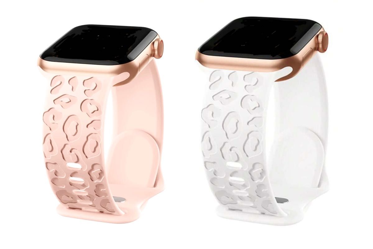 Apple Watch アップルウォッチ スマートウォッチ ベルト バンド ヒョウ柄 白 ピンク シリコンベルト 軽量