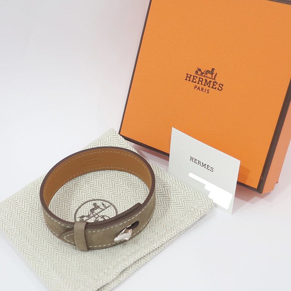 【栄】エルメス HERMES パナッシュブレス スエード/レザー 約17.5cm GY系/SV U刻 女性 ブランドアクセサリー 袋 箱_画像9