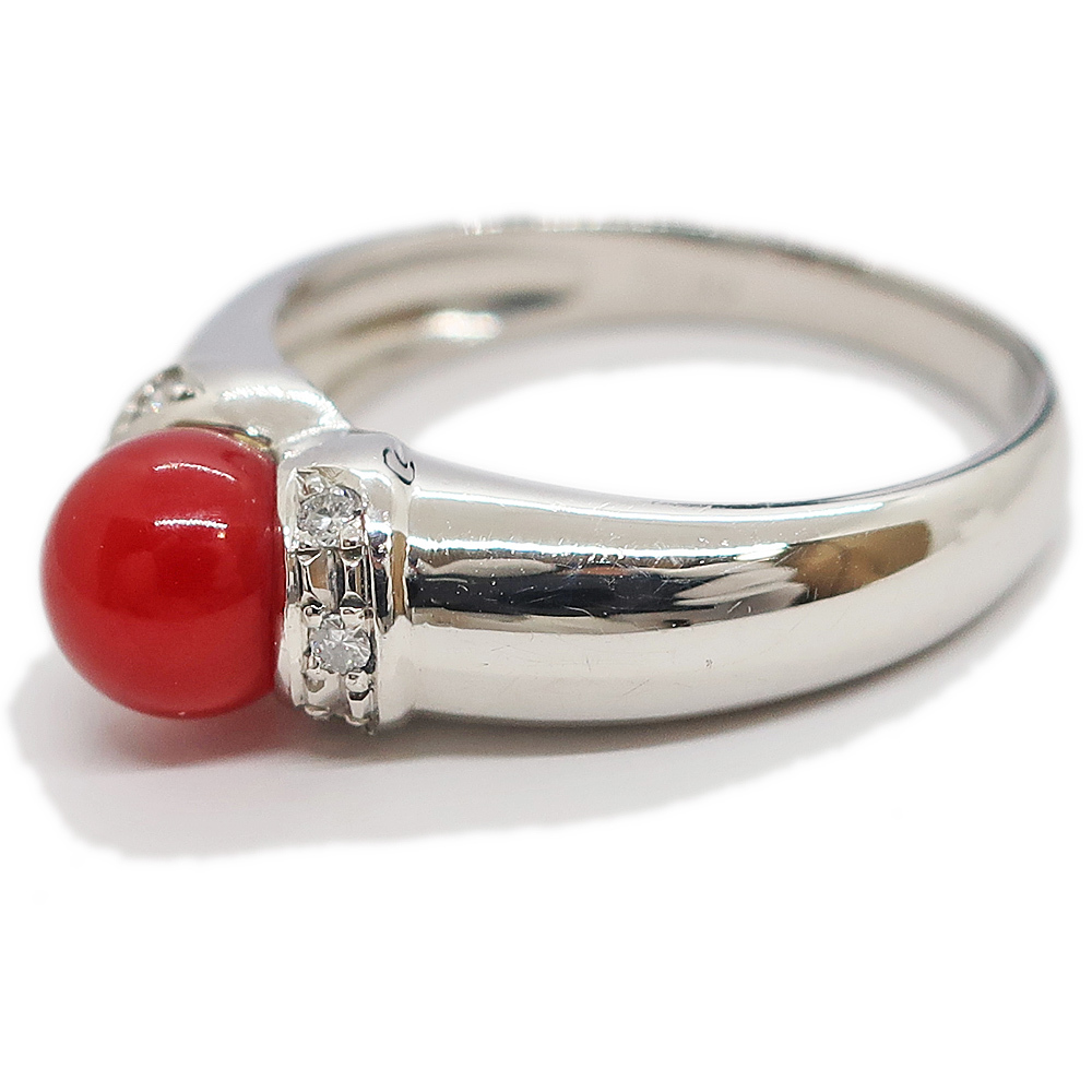 天白 血赤サンゴ約玉 ダイヤモンド リング # 指輪