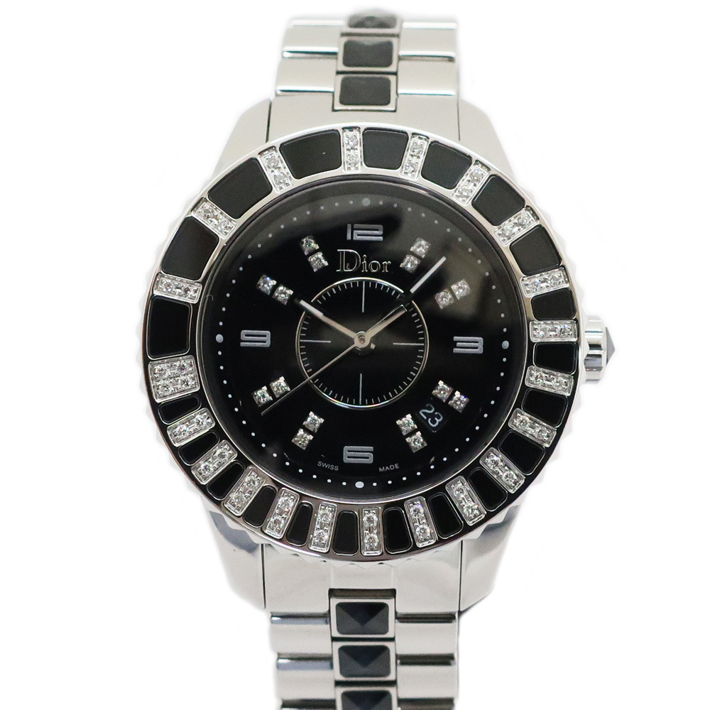 【天白】クリスチャンディオール クリスタル CD113115 16P ダイヤ ブラック レディース 腕時計
