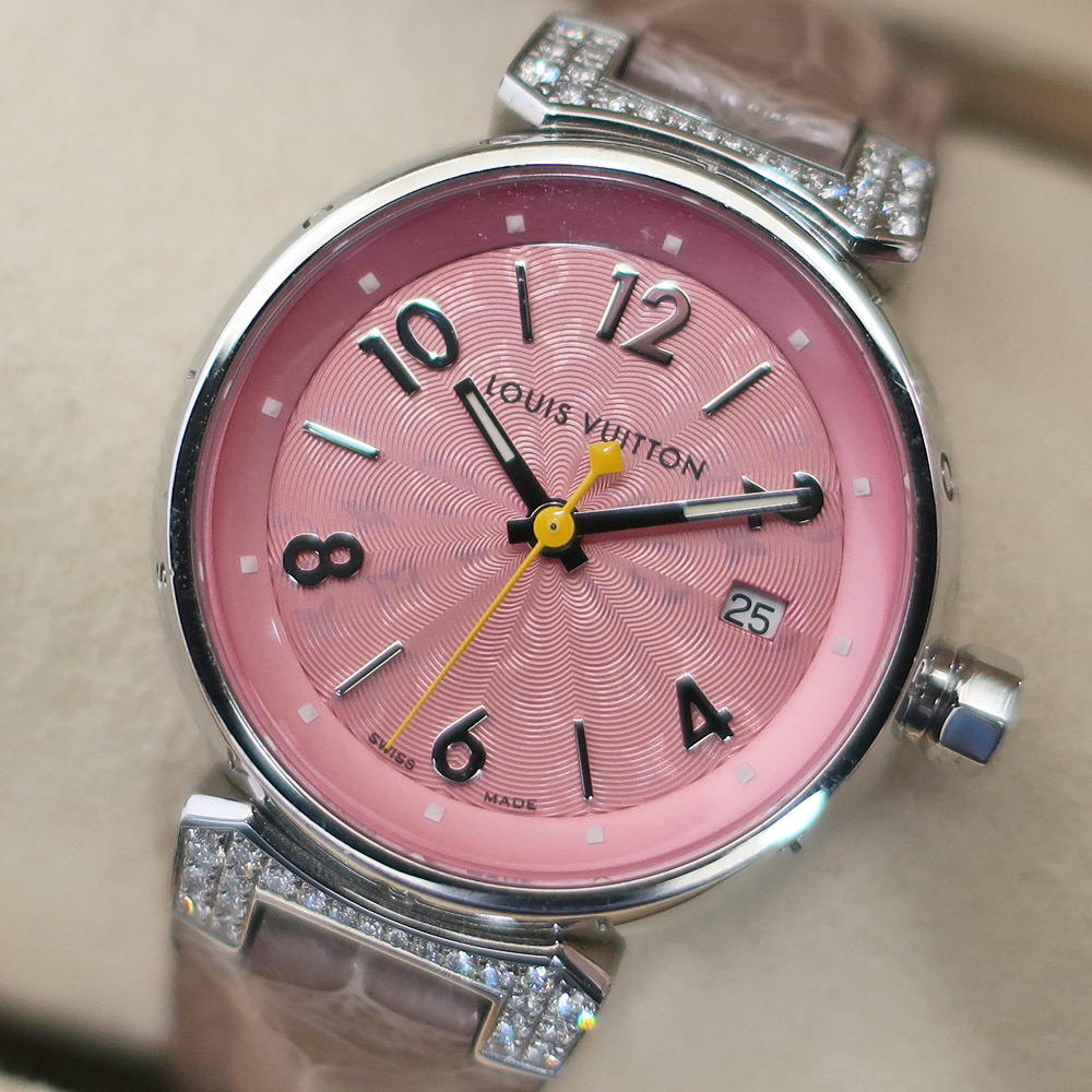 【栄】電池交換済み ルイヴィトン タンブール Q121E ピンク SS レザー ダイヤモンド クォーツ レディース 腕時計 女の画像2