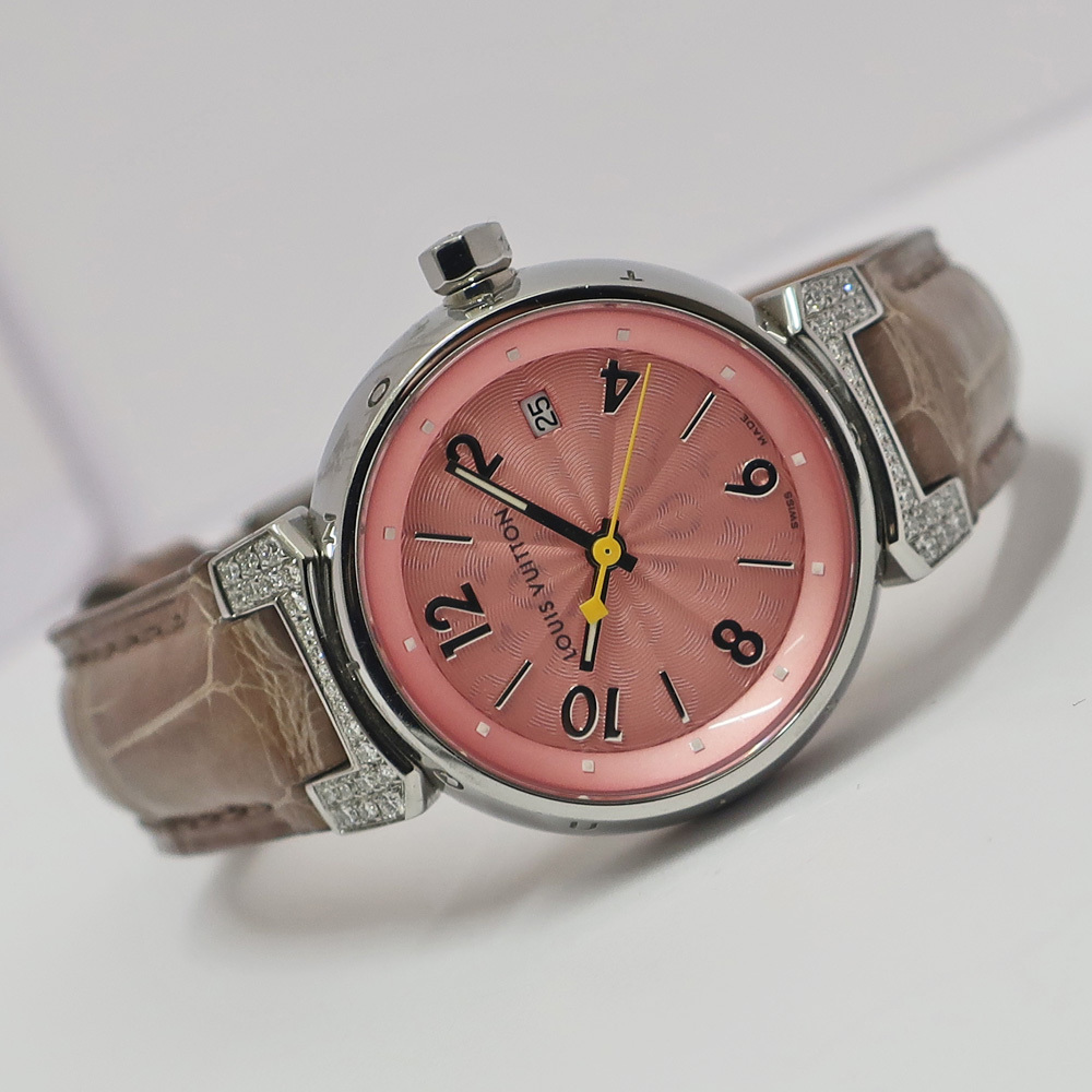 【栄】電池交換済み ルイヴィトン タンブール Q121E ピンク SS レザー ダイヤモンド クォーツ レディース 腕時計 女の画像9