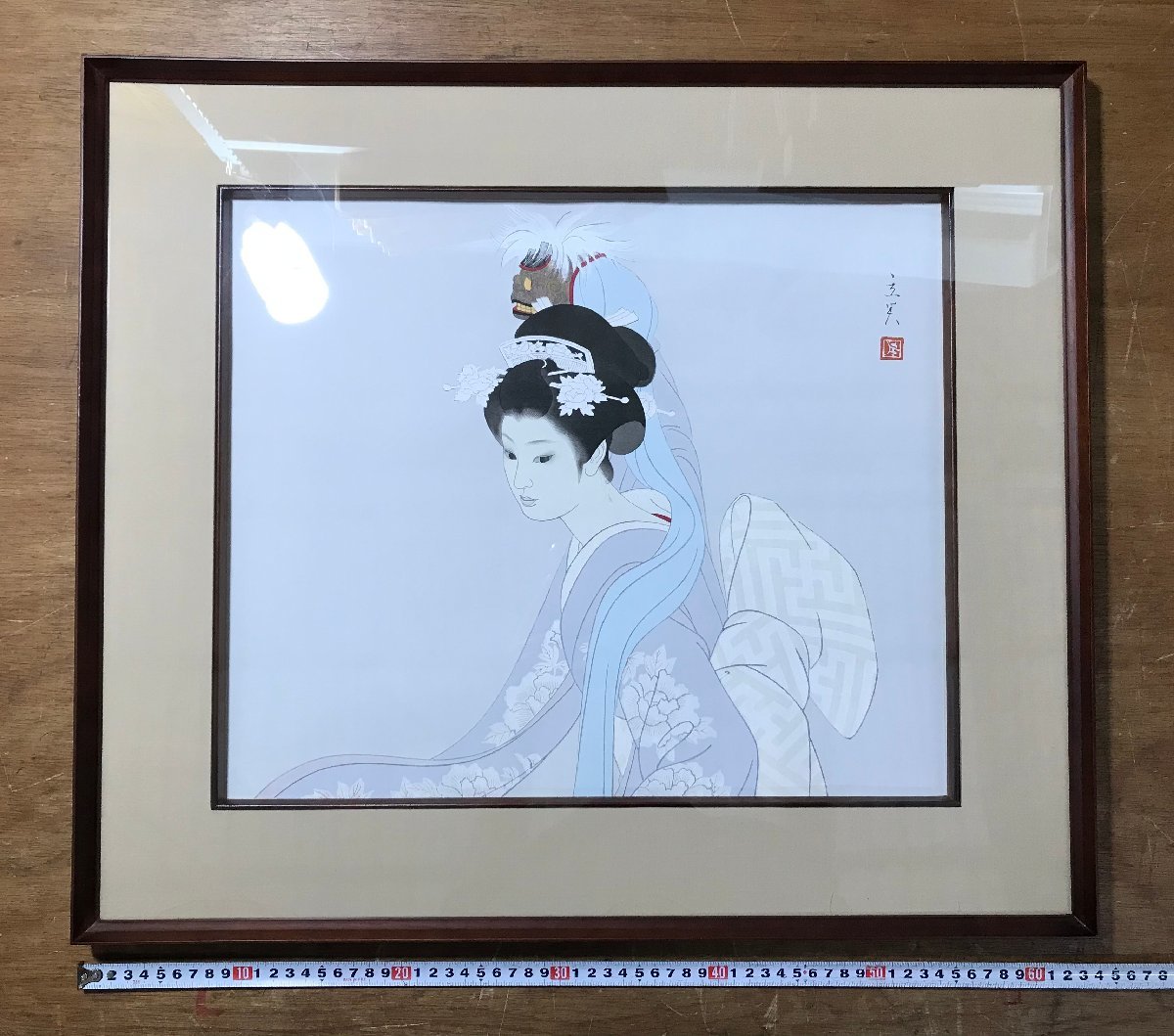 BA339 ■送料込■ 志村立美 鏡獅子 木版画 美人画 獅子舞 女性 現代版画 在銘 真作 三昧堂 額装 絵画 美術品 2.2kg /くYUら_画像1