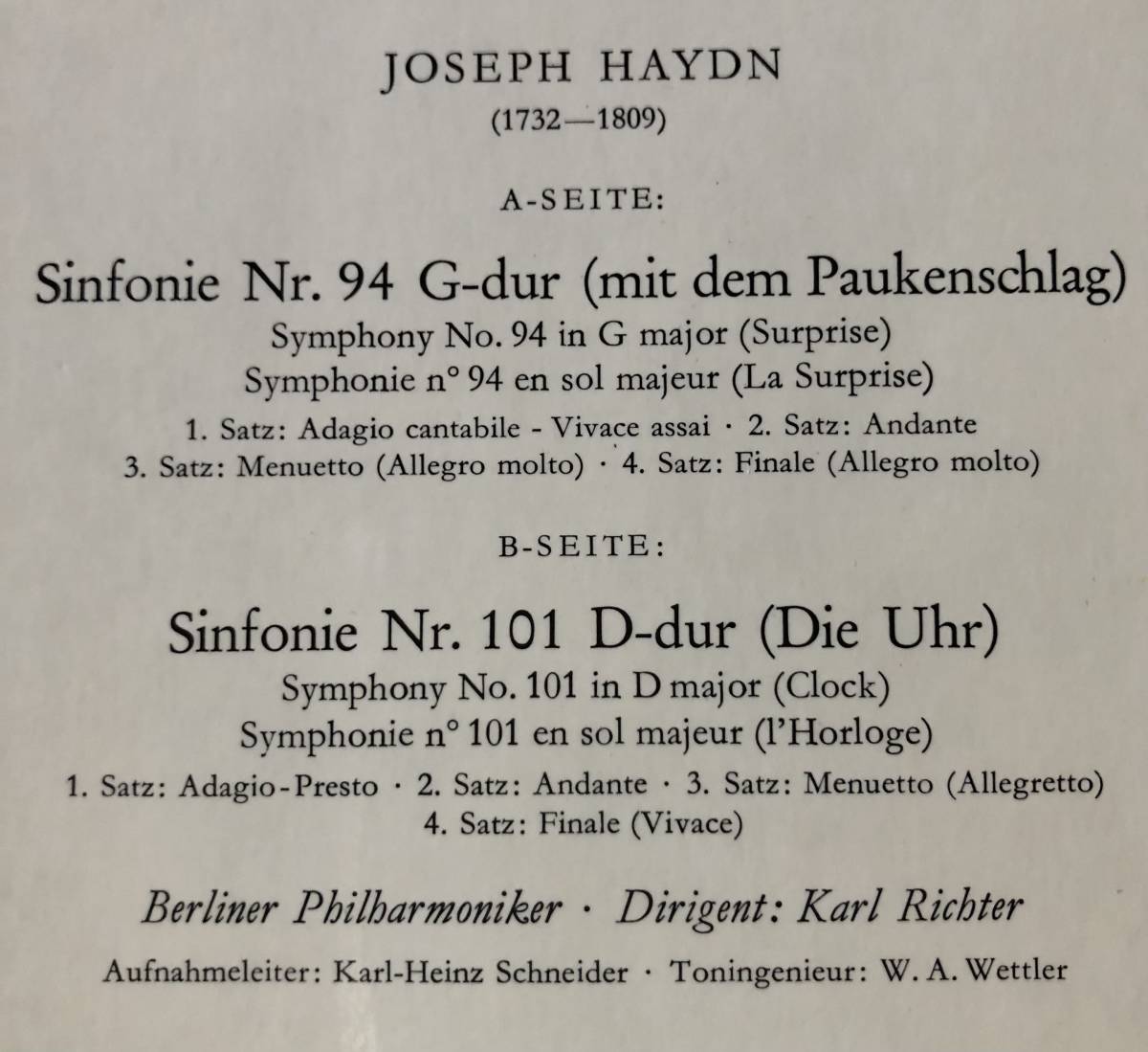 LP-Sep / 独 DG / Richter・Berliner Philharmoniker / J.HAYDN_Sinfonie Nr.94 G-dur 「Surprise」、Nr.101　D-dur「Die Uhr」_画像3