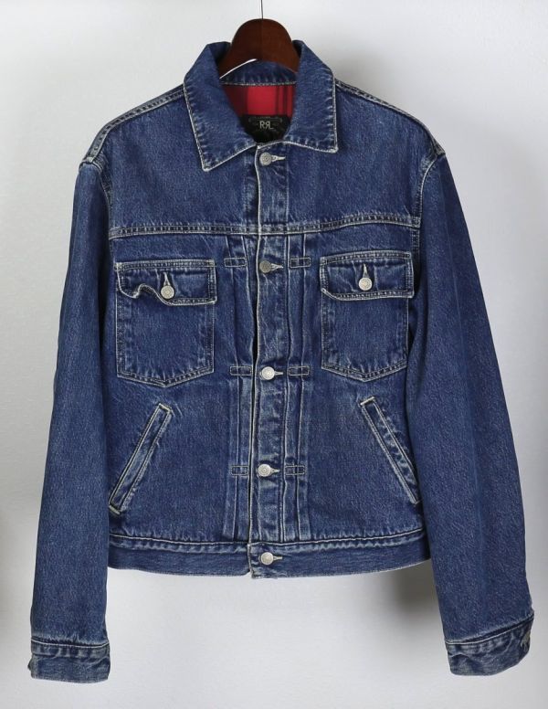 USA製 三ツ星 DOUBL RL RRL ダブルアールエル デニム ジャケット M ネル ライニング Gジャン ジージャン denim jacket b7109_画像1