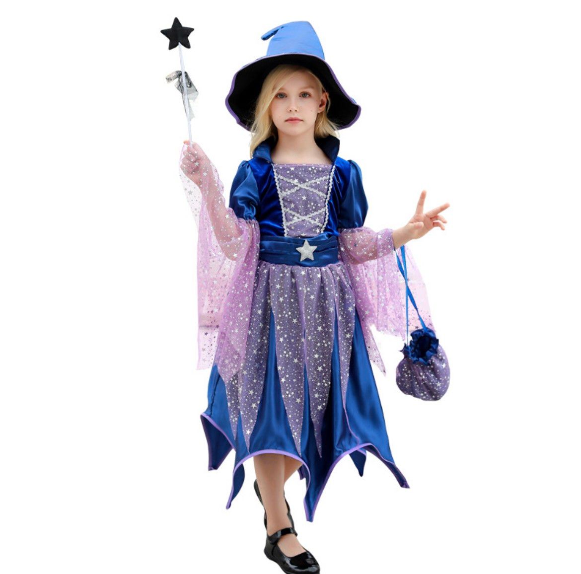 ハロウィン 子供用 コスプレ 衣裳 魔女 魔法使い 3点セット ブルー パステルカラー コスチューム コスプレ衣装