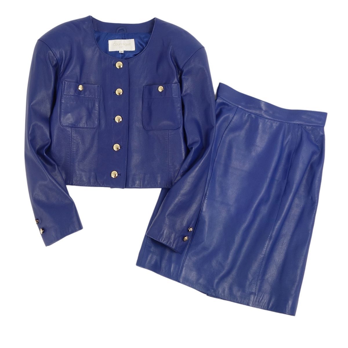 美品 クレージュ courreges セットアップ スカートスーツ ジャケット スカート ラムレザー レディース 38(S相当) ブルー cg03dr-rm04f02974_画像1
