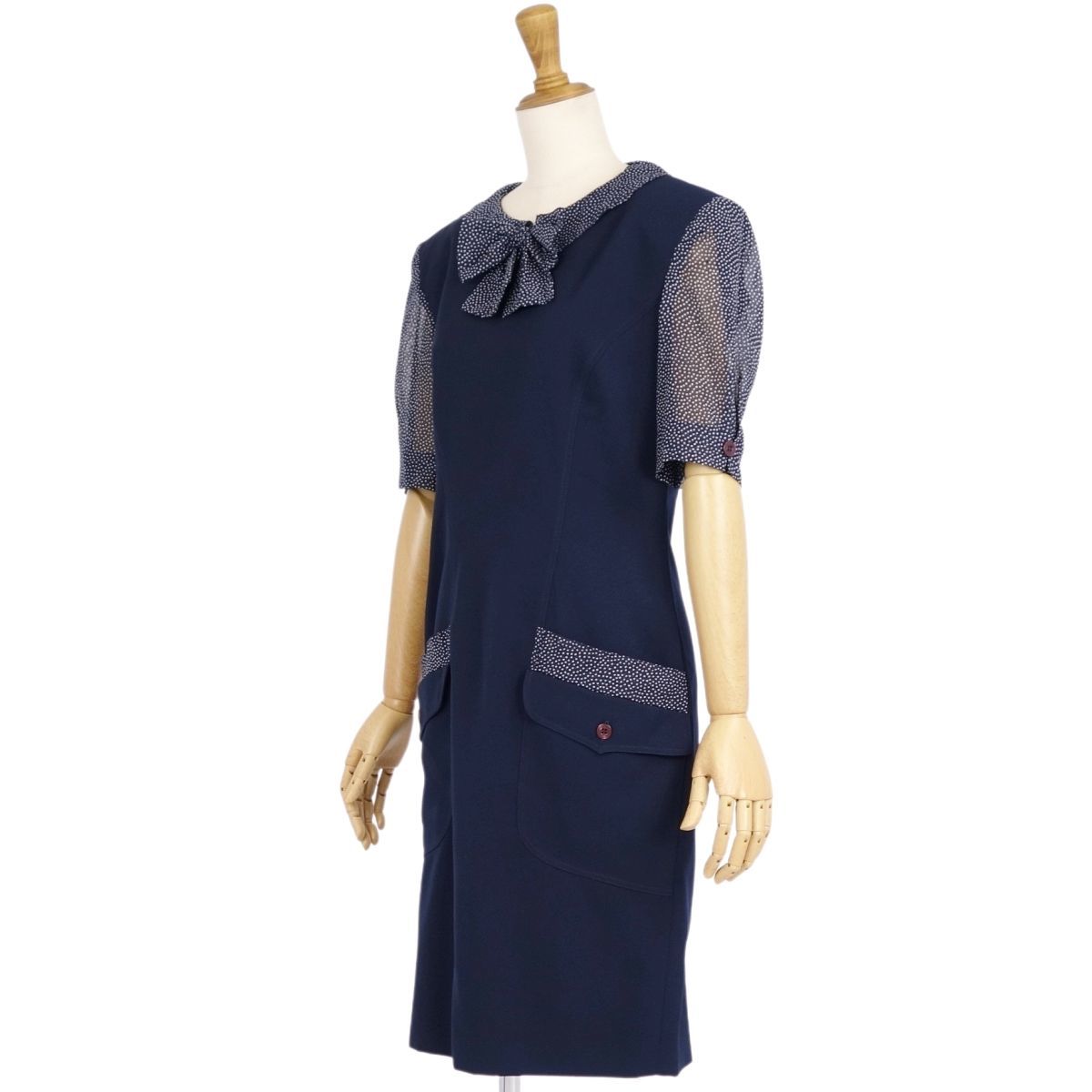 Vintage Fendi FENDI dress One-piece short sleeves dot ribbon cotton lady's 42(L corresponding ) navy ch09mm-rm11r05441