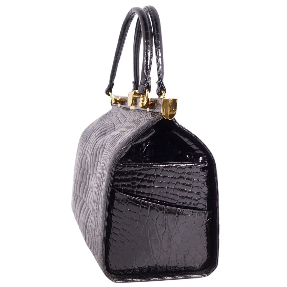 マリオナ MARIONA バッグ ハンドバッグ がま口 ゴールド金具 シャイニークロコ ワニ革 カバン レディース ブラック cg09db-rm27f06367の画像2