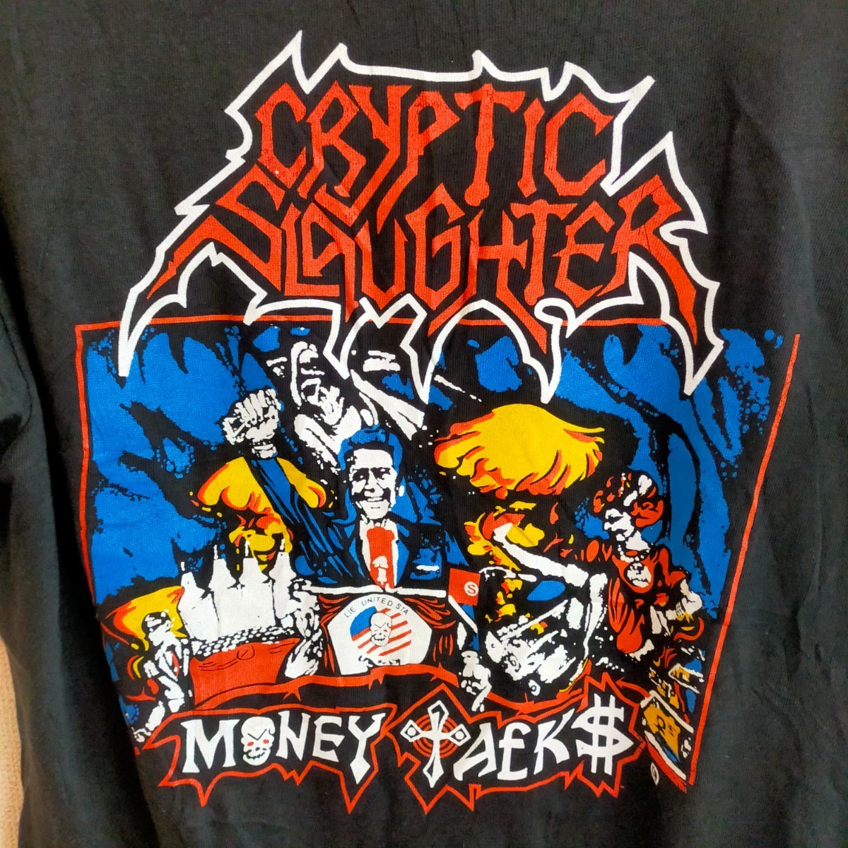 fantasy ファンタジーボディ cryptic slaughter money talks パキスタン製 パキ綿 バントTシャツ 80s 90s 半袖 M ブラック(黒）