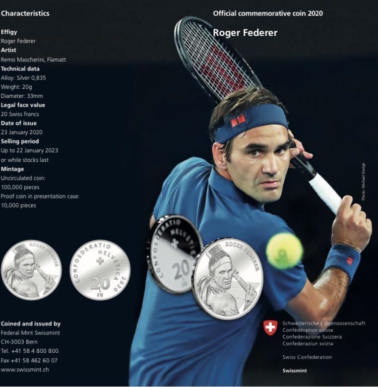  Roger Federer серебряная монета серебряный монета Швейцария полосный . структура . отдел современный ko Inte лак газонная трава. . человек BIG4