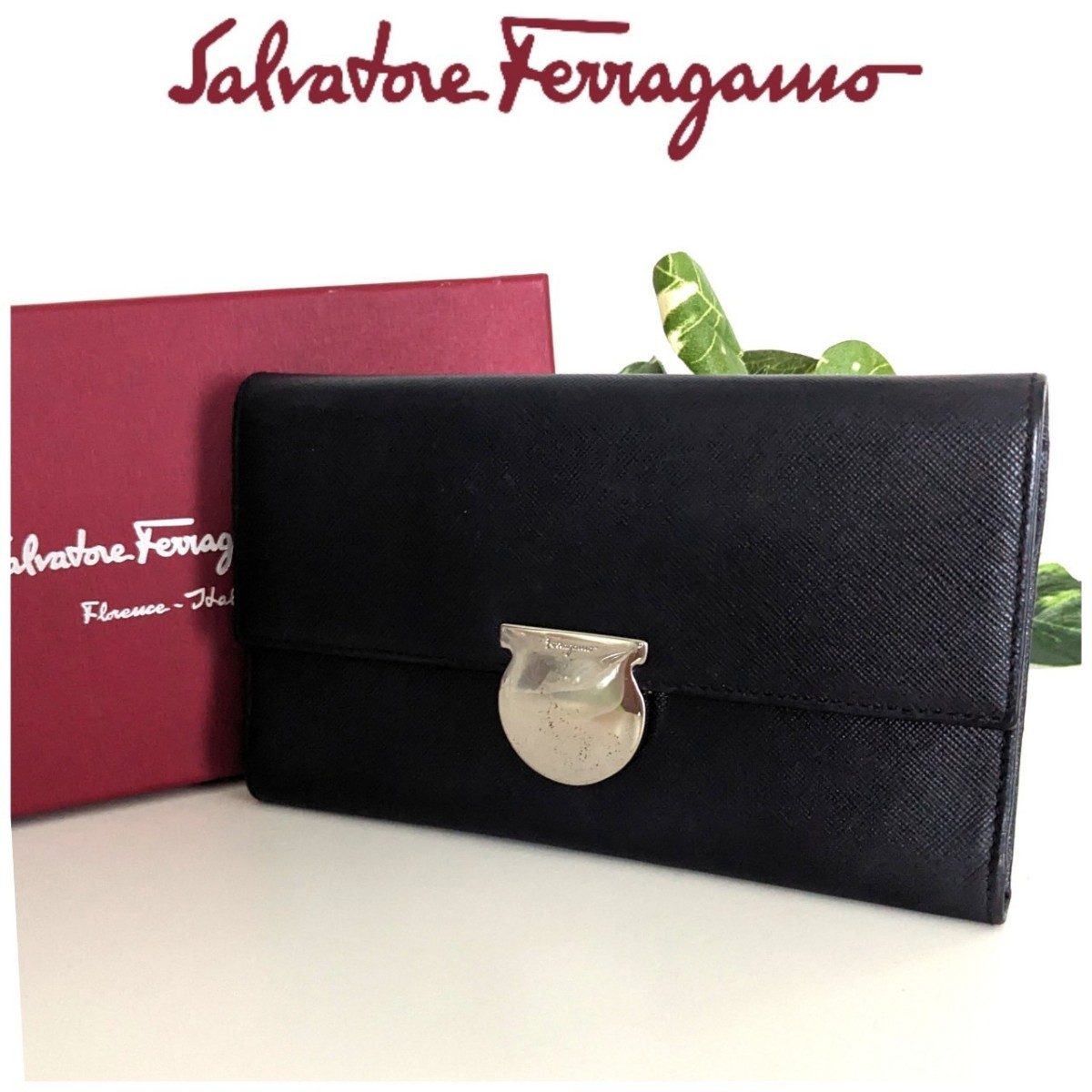 良品 フェラガモ Salvatore Ferragamo ヴァラ 本革 サフィアーノ レザー 三つ折り 長財布 大容量 ブラック 黒 イタリア レディース メンズ