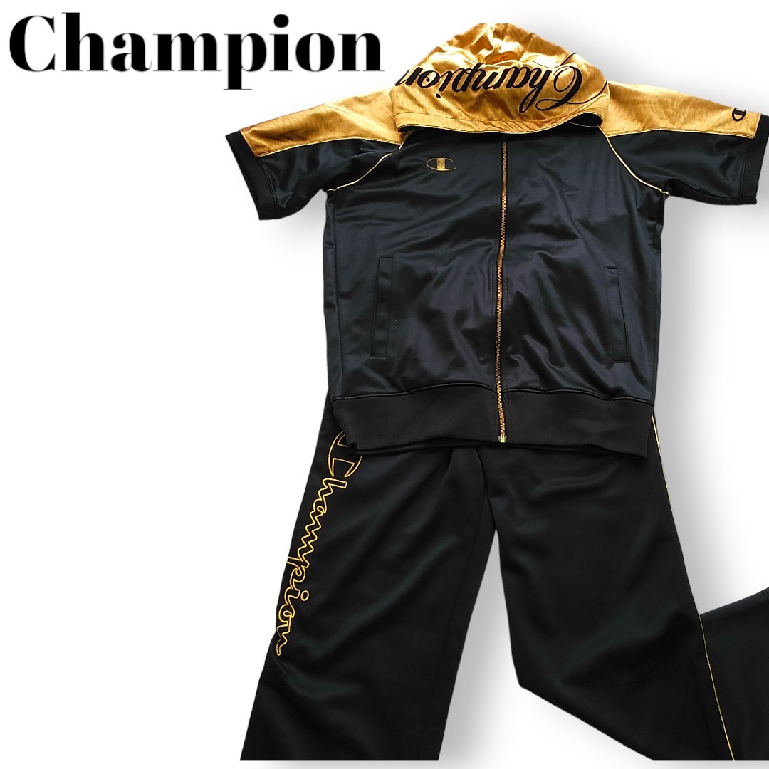 Champion　魔裟斗モデル　ジャージ　上下　セットアップ　半袖　黒　M-L　黒　金　ゴールド　チャンピオン　パーカー　フード　230714-21