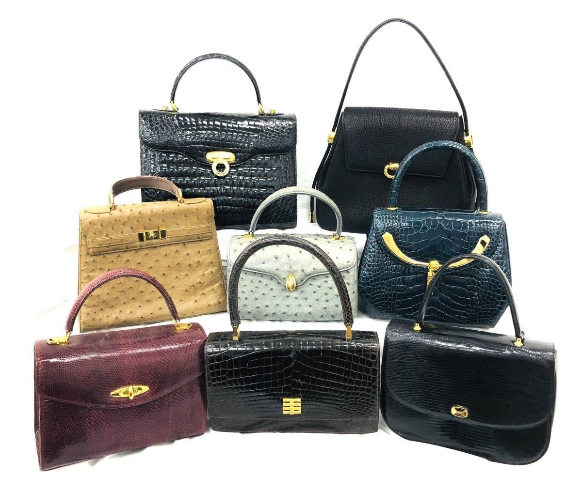 135 エキゾチックレザー オーストリッチ クロコ 他 革バッグ8点セット トップハンドル デザインバッグ フロント金具 ハンドバッグ