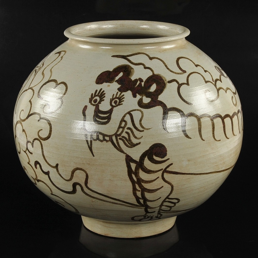 李朝 鉄絵 猫虎・笹・鷺図 大丸壺 高さ約３７ｃｍ-