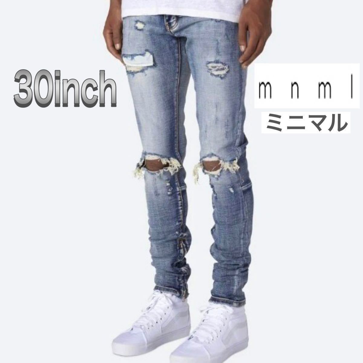 ミニマル（mnml）穴あきクラッシュデニム 30inch デニムパンツ スキニー SKINNY DENIM ダメージジーンズ ストレッチ 裾ジップ  《新品》