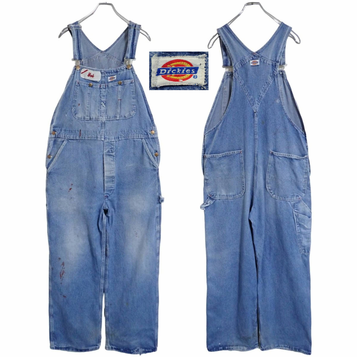 5047/Dickies オーバーオール(W99cm)白タグ80sビンテージ ペンキよごれ ボタンフライ デニム カバーオール ワークパンツ ディッキーズ古着