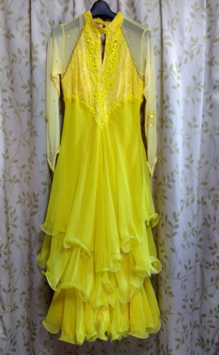 USED 大人 上品 華やか 社交ダンス デモ用 ドレス ワンピース パーティー 衣装 黄色 イエロー 11号 L
