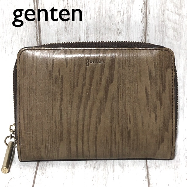 genten 二つ折り財布 WOODY/ゲンテン 木目調 レザーウォレット_画像1