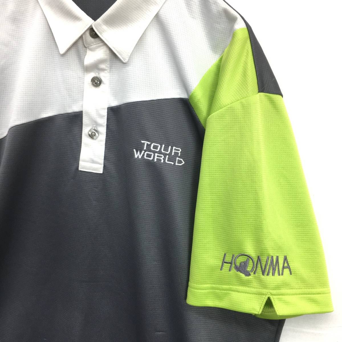 HZ9841★HONMA : TOUR WORLD ゴルフシャツ★L★白/グレー/イエロー 本間ゴルフ ポロシャツの画像2