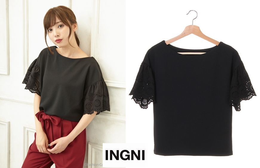 ★新品♪イング【INGNI】C・梨地ポンチ袖パンチングレーストップス　K★_画像1