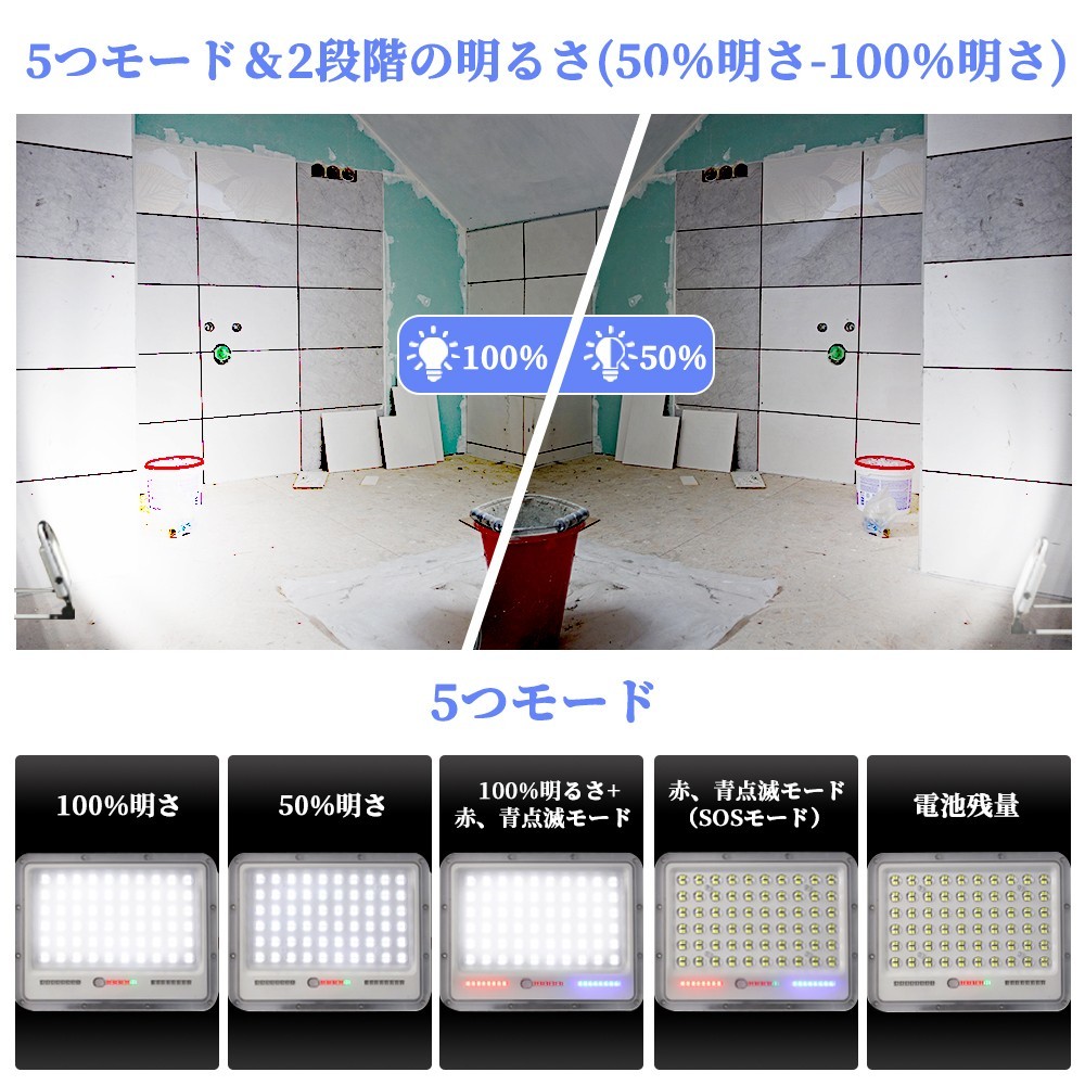 送料込 5個 100W 1000W相当 led 充電式 ポータブル投光器 7200LM 5つモード 防水 折り畳み式 ハンドル式 作業灯 広角作業灯 投光器WKT_画像5