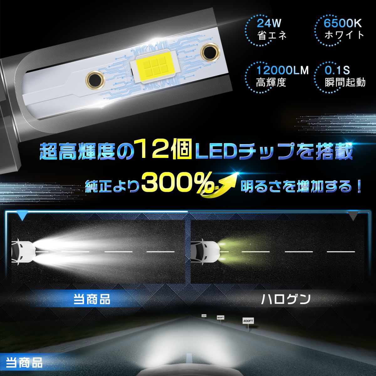 即納 一体型 LED ヘッドライト 24000LM 左右合計 H4 H8 H11 H16 HB3 HB4 H7 H3 H3C H1 車検対応 フォグランプ ホワイト6500K 送料無料 C7_画像2