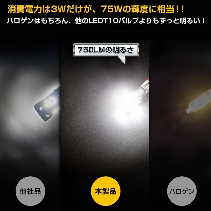 即納!75W LED T10/T16 led ポジション ホワイト 白 ウェッジ球 車検対応 6000K 無極性 12V対応 750LM LED バルブ LEDバルブ A14_画像2