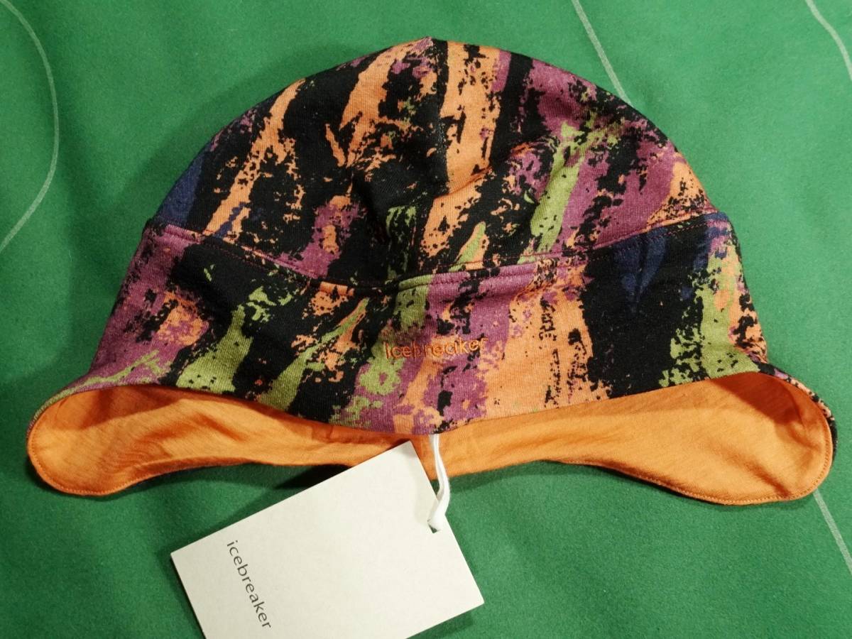 ^ICEBREAKERmelino wool 100% earmuffs attaching knitted cap Quantum Beanie orange pattern print one size unused * tag attaching!!!^
