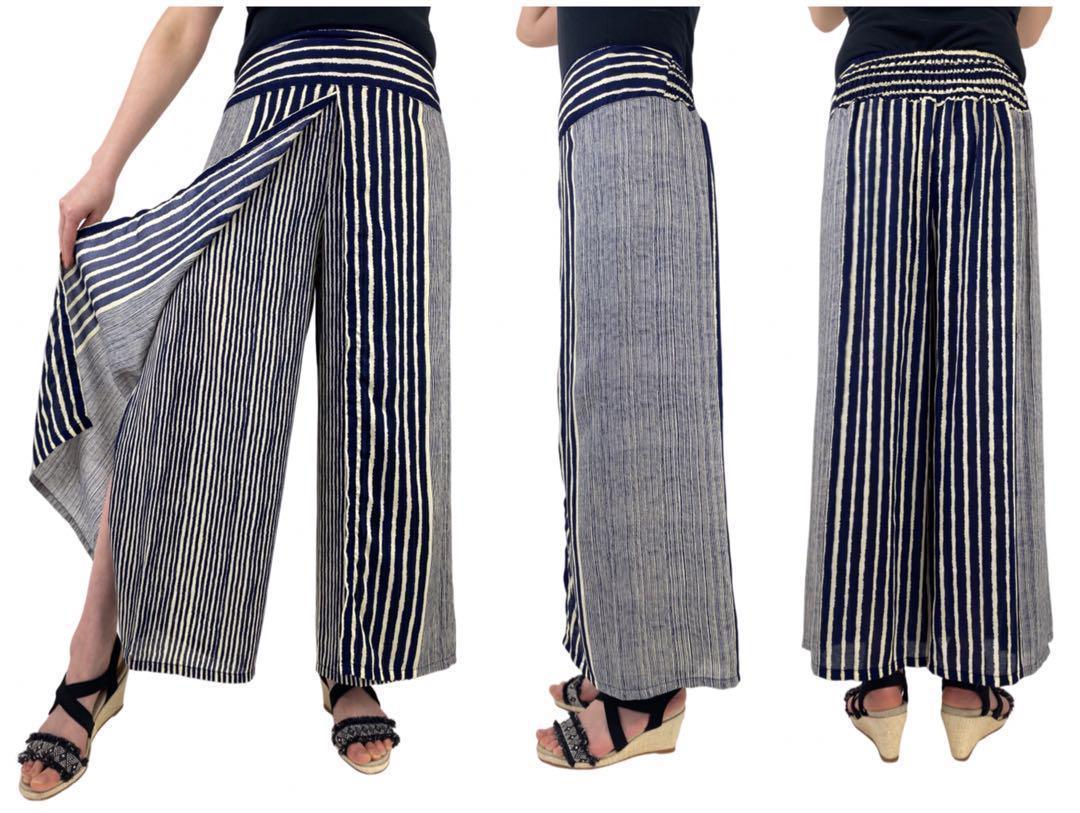 [ new goods ] slit wide pants man and woman use sima pattern navy S~L size free Y74