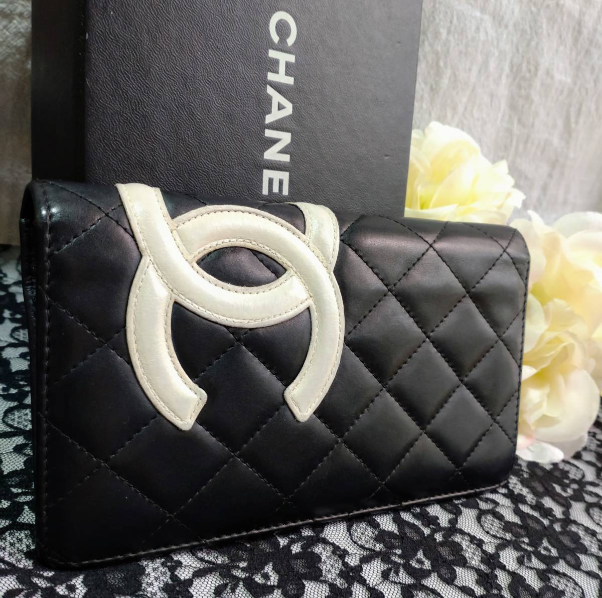 美品 シャネル CHANEL カンボンライン フラップ長財布 ブラック/ピンク