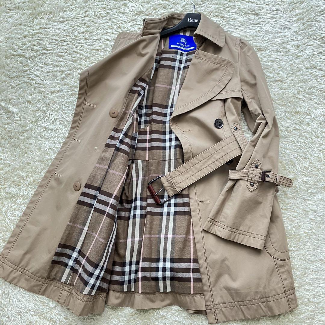 良品 バーバリーブルーレーベル BURBERRY BLUE LABEL トレンチコート ミドル ベルト付 チェック ダブル 綿 38 ベージュ  三陽商会レディース