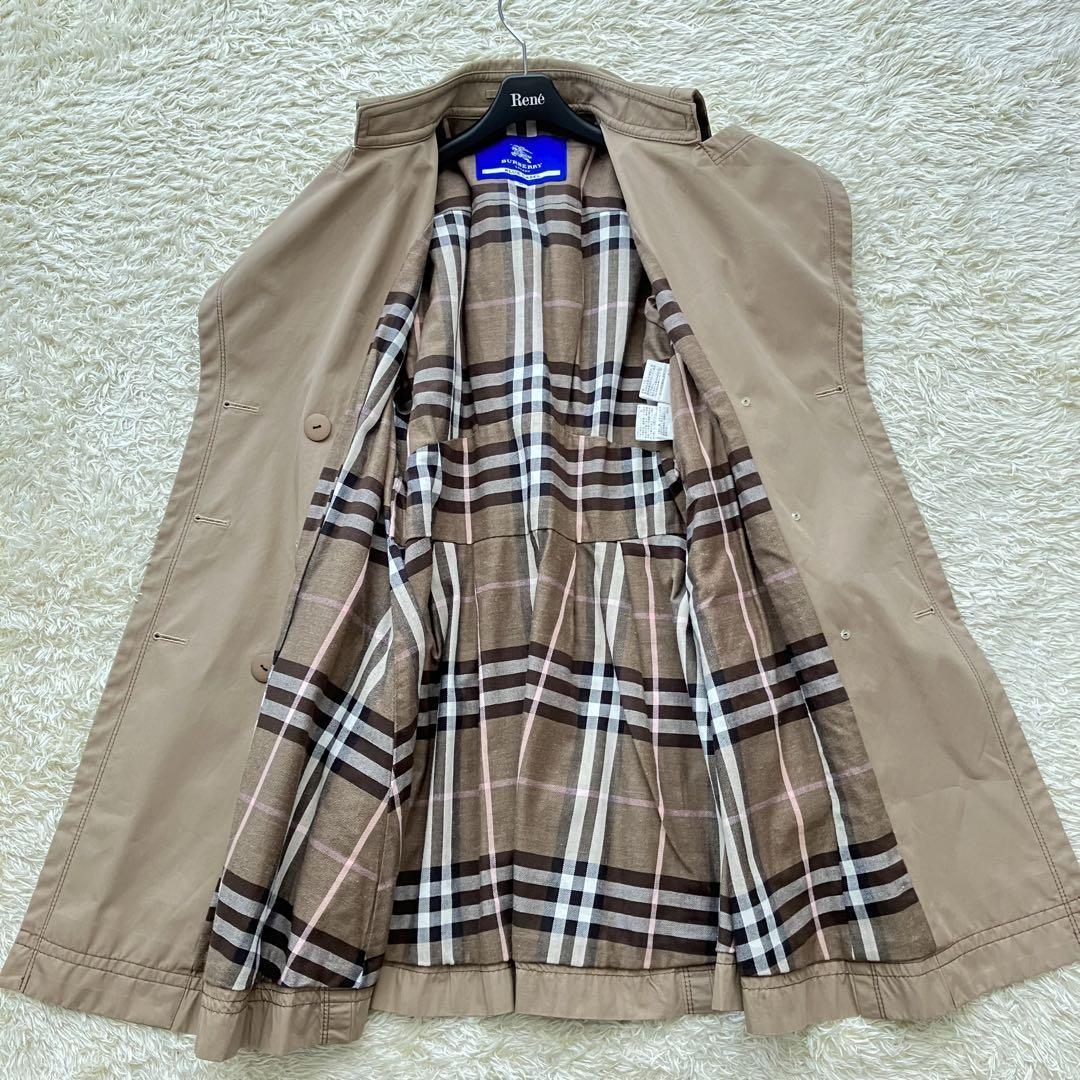 良品 バーバリーブルーレーベル BURBERRY BLUE LABEL トレンチコート ミドル ベルト付 チェック ダブル 綿 38 ベージュ  三陽商会レディース