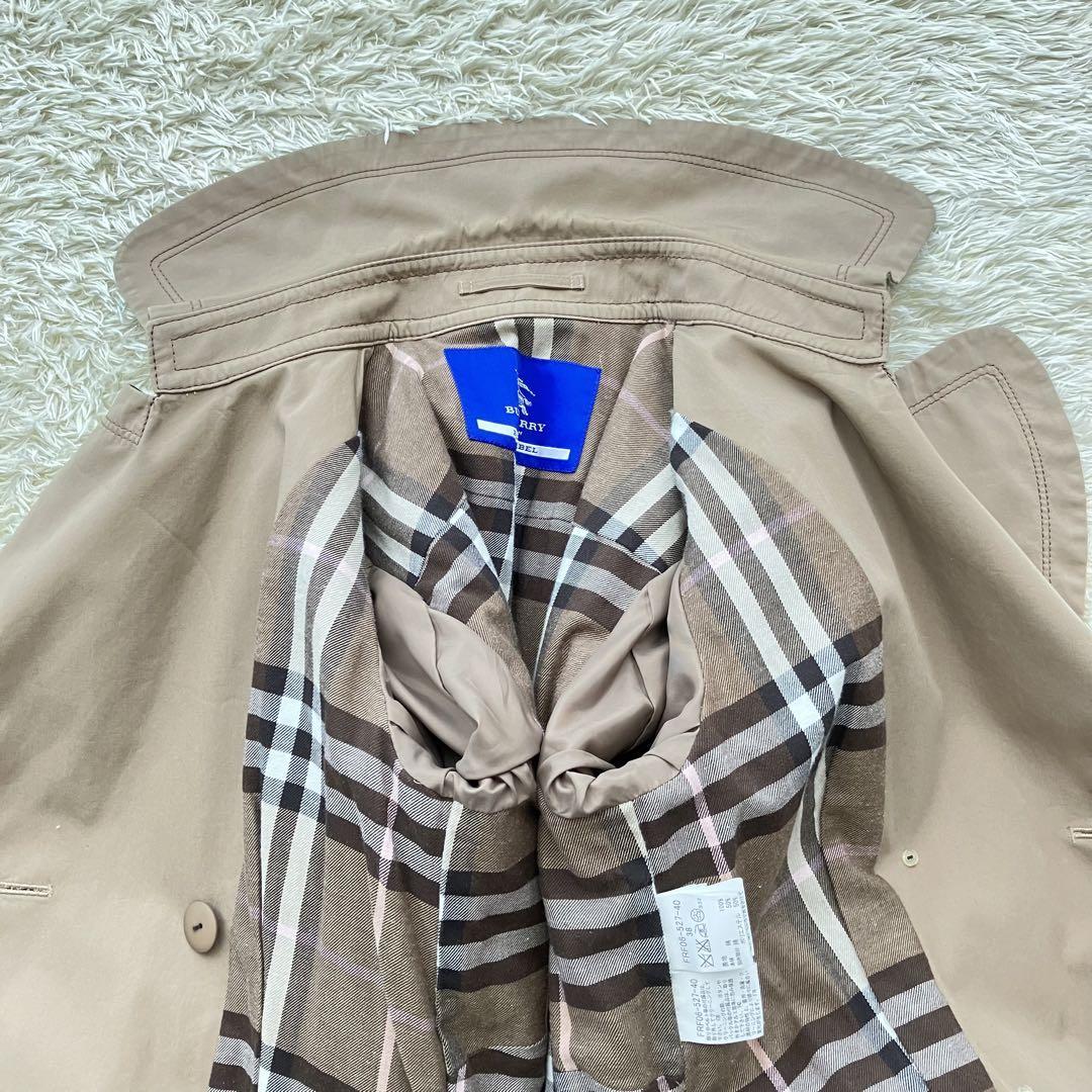 良品 バーバリーブルーレーベル BURBERRY BLUE LABEL トレンチコート ミドル ベルト付 チェック ダブル 綿 38 ベージュ  三陽商会レディース