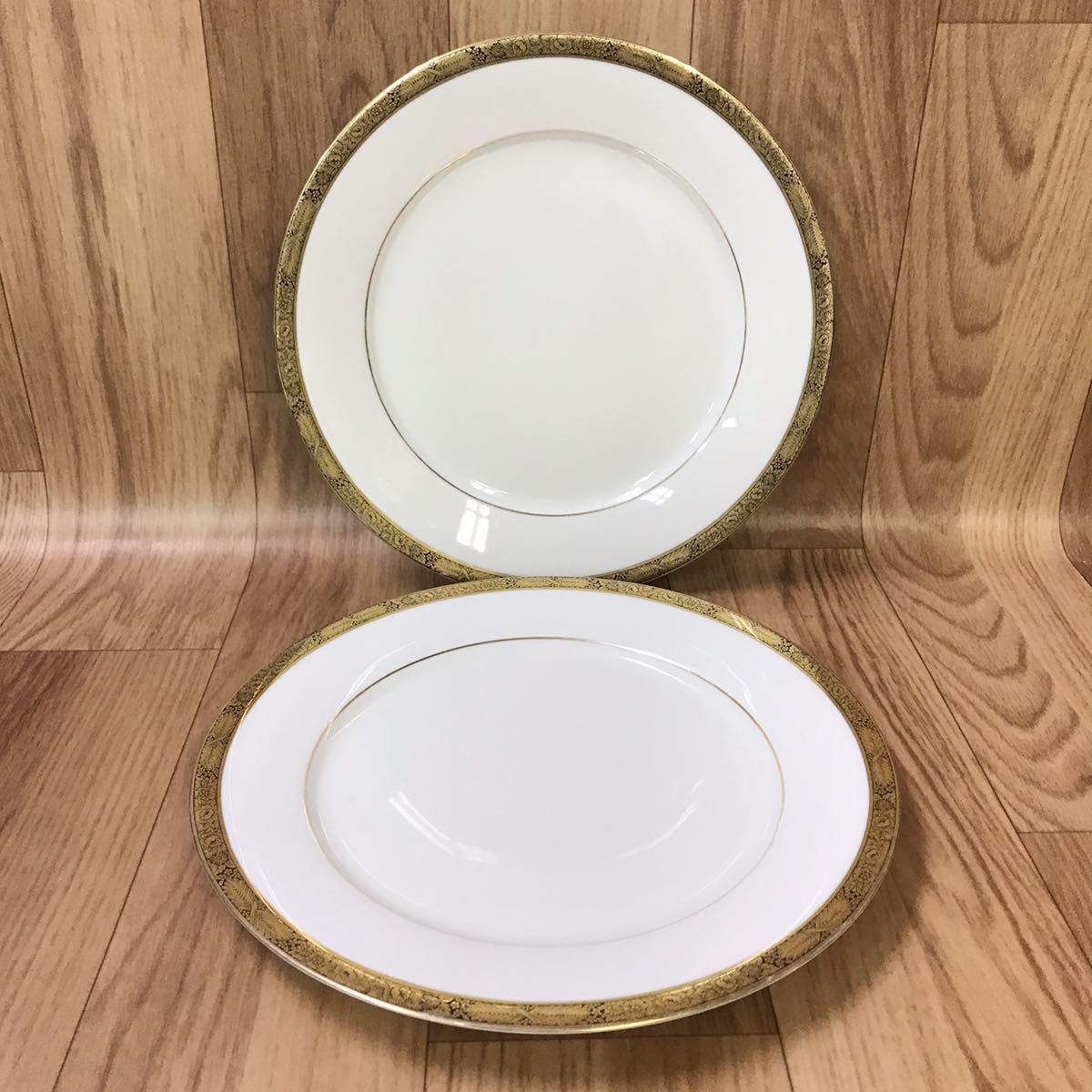 送無 Noritake ノリタケ 27cm プレート x2・25cm ボウル皿 1枚 3点セット/大皿 サラダボウル パスタ皿 深皿/ホワイト・ゴールドライン 金彩