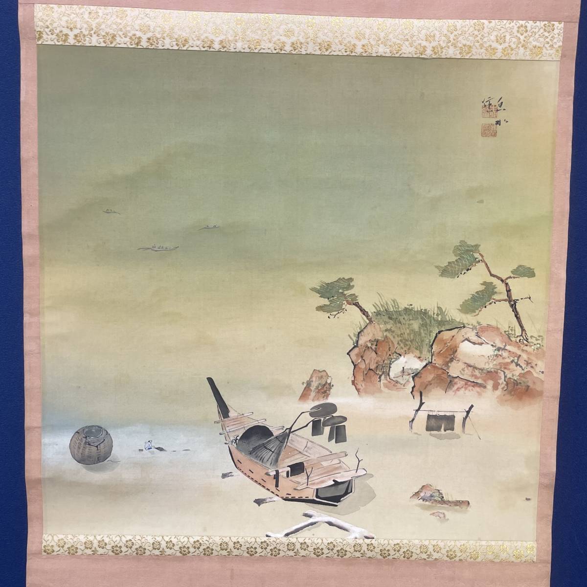 真作/魚水/もやい舟/人物/舟/布袋屋掛軸A-256 真作】//魚水/もやい舟/人物/舟/布袋屋掛軸A-256