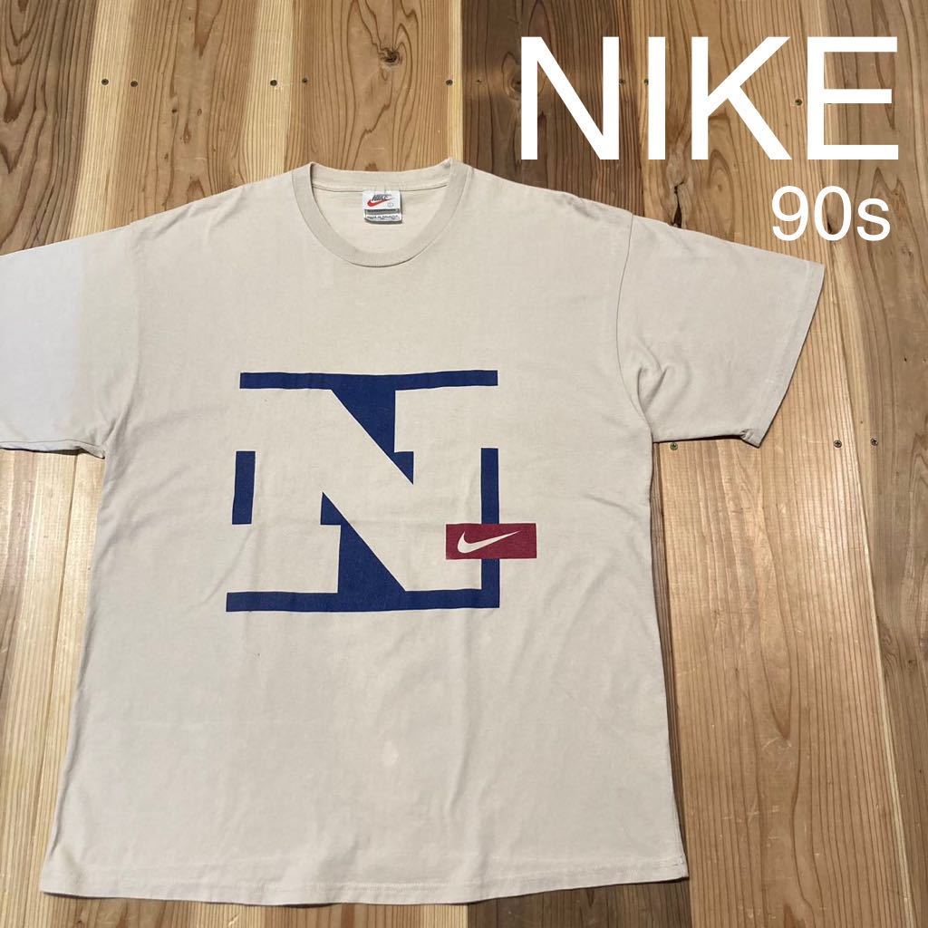 90s NIKE ナイキ Tシャツ 半袖 デカロゴ ビッグシルエット ヴィンテージ ベージュ サイズL 玉mc2027_画像1