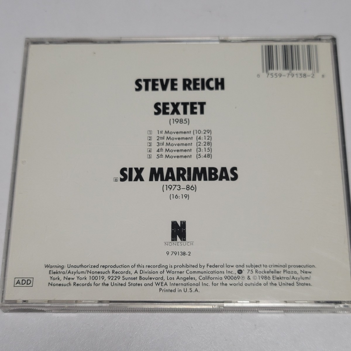 《送料込み》CD US盤 STEVE REICH スティーヴ・ライヒ「SEXTET/SIX MARIMBAS」_画像3