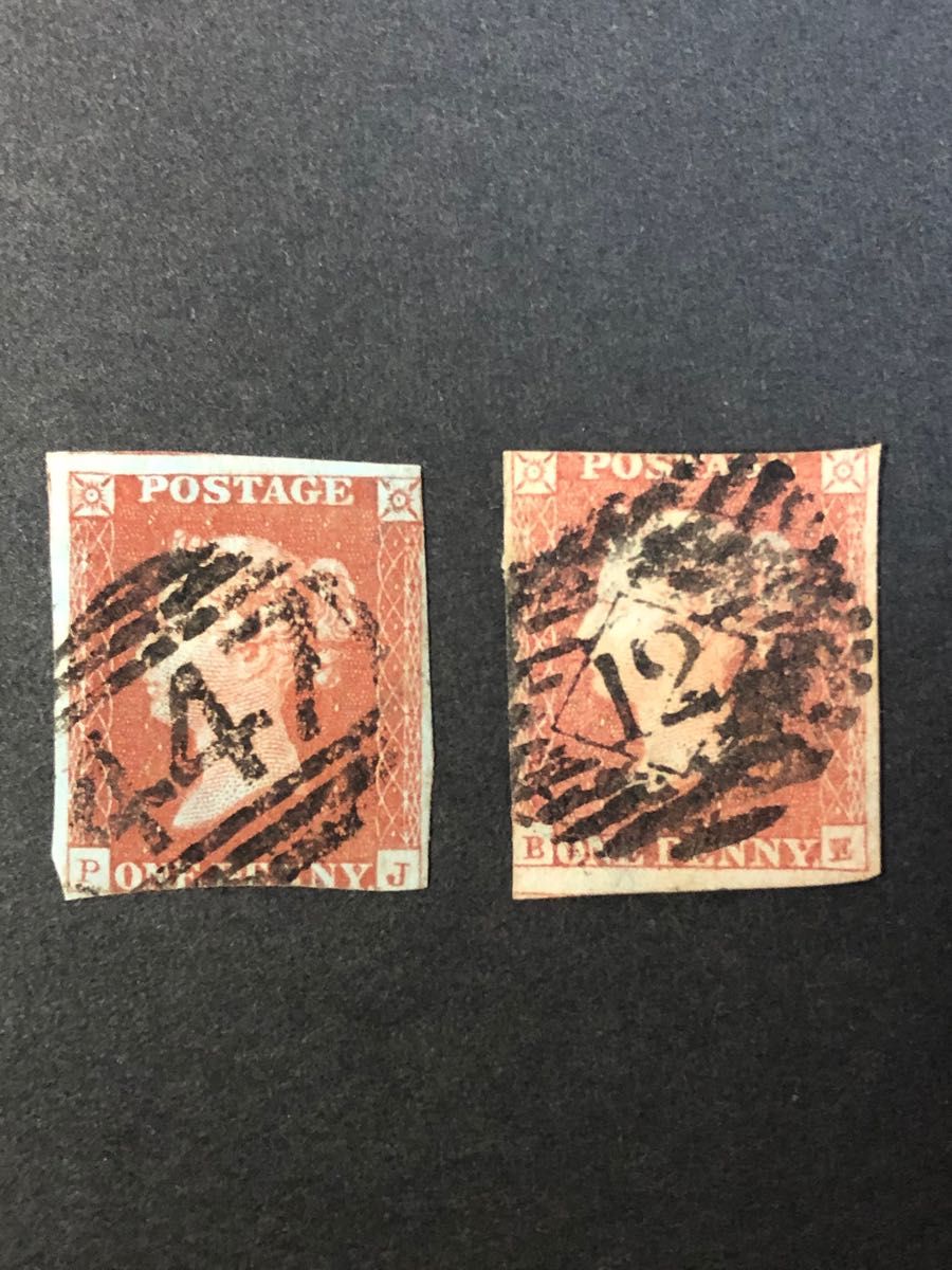 イギリス古切手　1841年～無目打ペニーレッド　2枚　使用済み