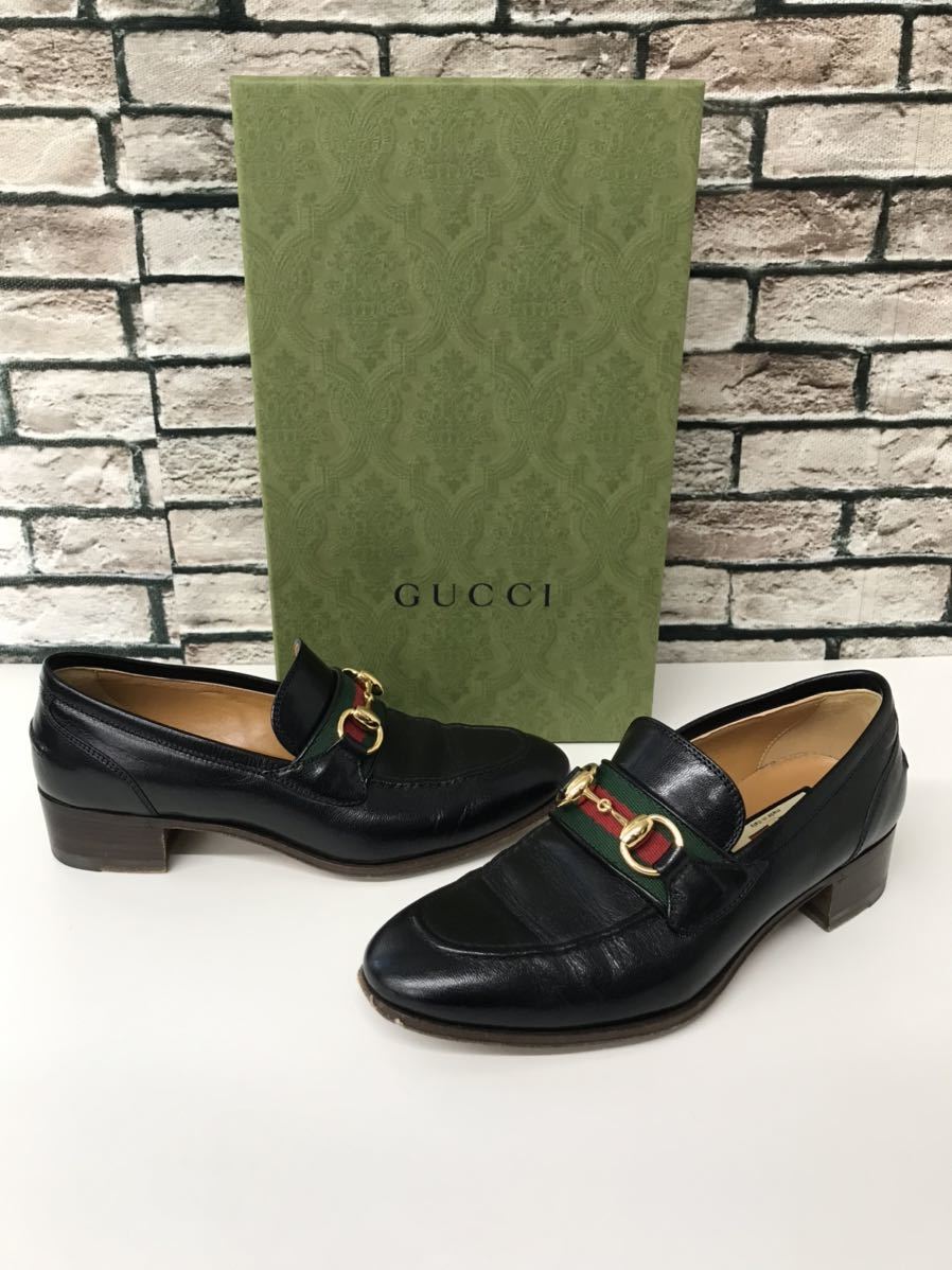 ☆GUCCI グッチ☆660819 シェリーラインウェブホースビット付きレザーローファーヒールシューズ_画像1