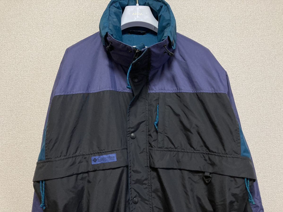 90's Columbia コロンビア 中綿 ナイロン ジャンプスーツ オールインワン つなぎ フーディ黒紫緑 スノーボード スキーウェア MEN'S TALL L_画像3