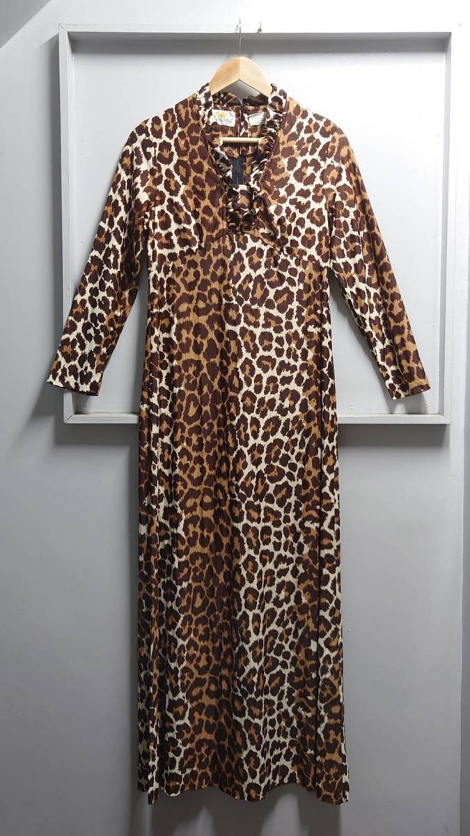 US Vintage Flutterbye USA製 Leopard Jersey Dress レオパード柄 ジャージー ワンピース ブラウン系 アニマル柄 総柄 フリル襟