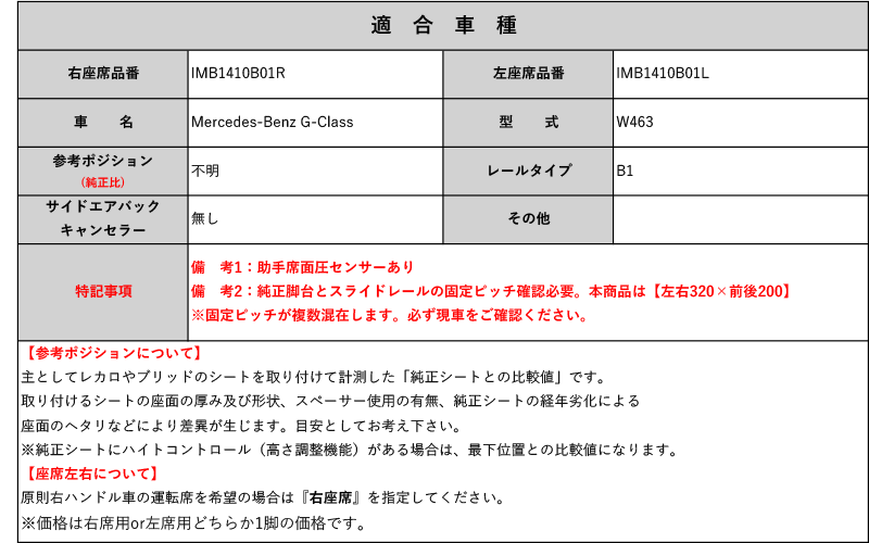 [レカロ スポーツスター]W463 メルセデス ベンツ Gクラス(固定ピッチ：左右320×前後200)用シートレール(1ポジション)[保安基準適合]_画像2