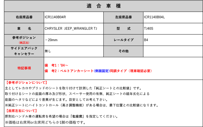 [BRIDE_MOタイプ]TJ40S クライスラー・ジープ ラングラーTJ(’04～)用シートレール(4ポジション)[N SPORT製][保安基準適合]_画像2