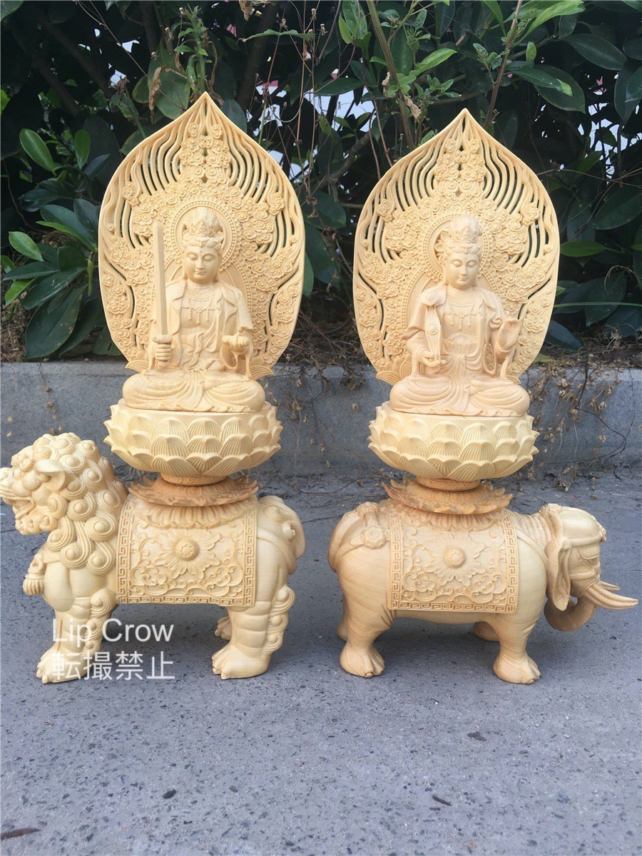仏像 仏教美術 精密彫刻 手彫り木彫 文殊、普賢菩薩像 檜木 - 美術品