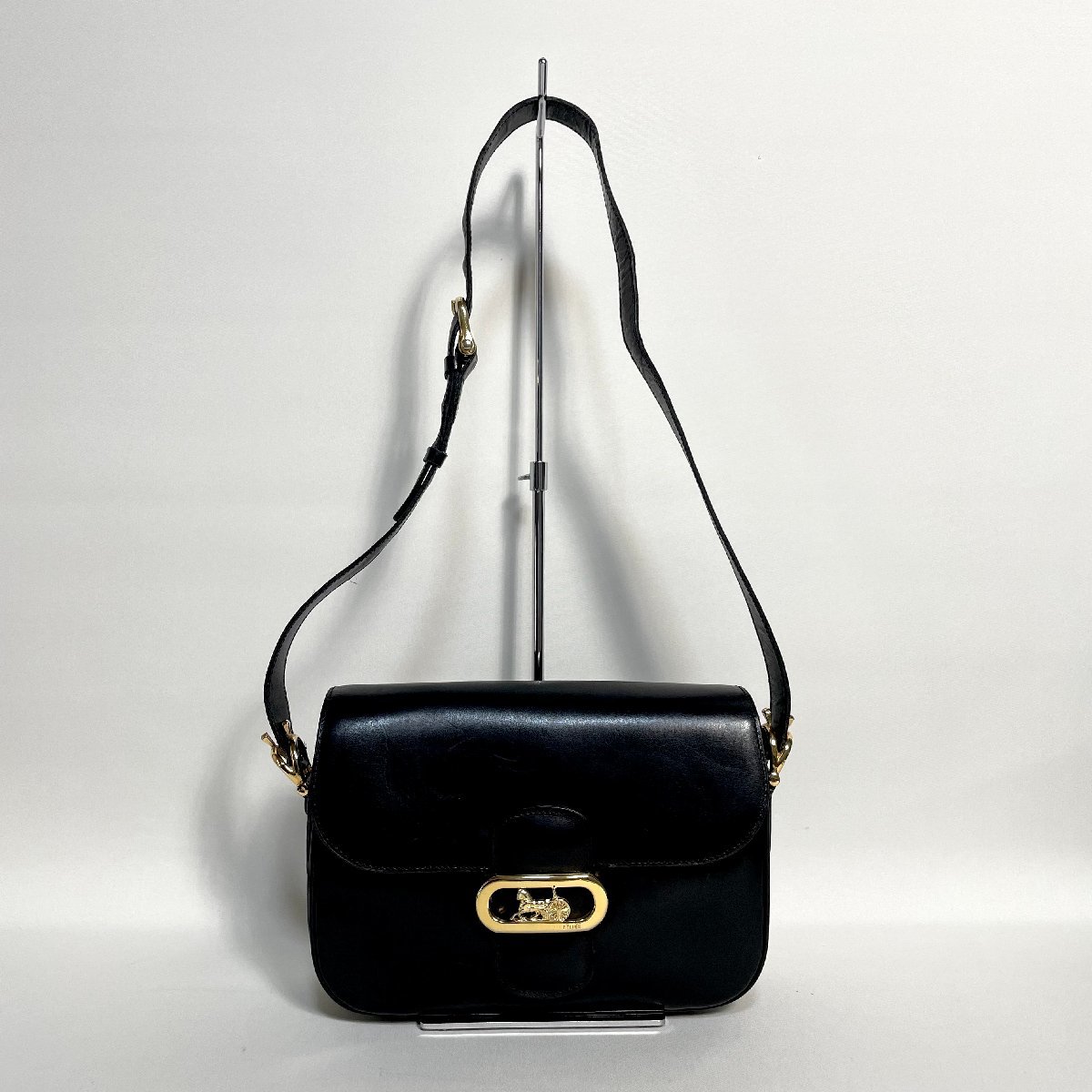 2308-11-5｜CELINE セリーヌ ショルダーバッグ レザー ブラック 馬車金具_画像1