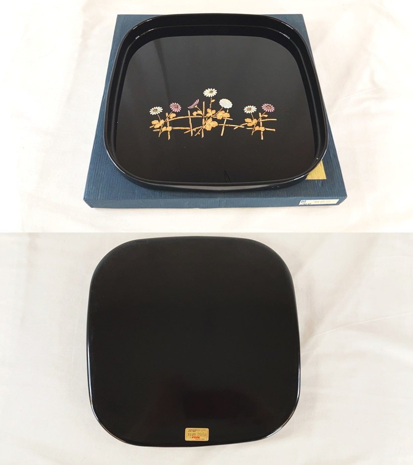 中古 ナショナル 垣根菊 漆器 お盆 トレイ 角盆 天然木加工 共箱付 KO-1 20230919_画像2